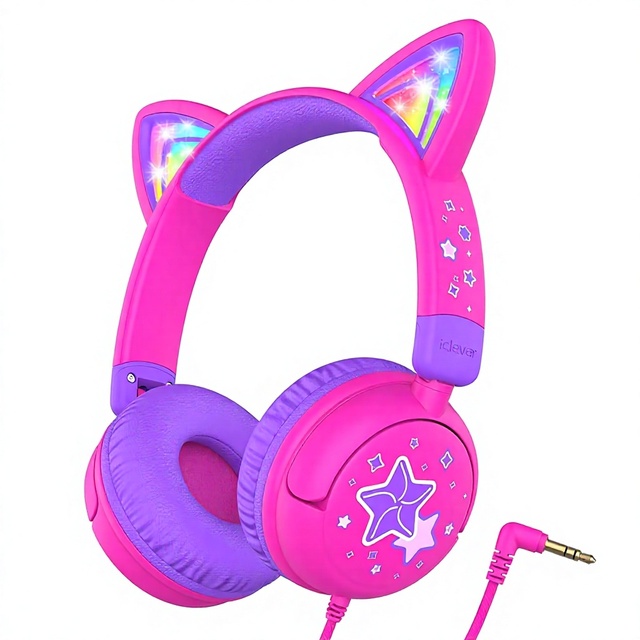 IClever Kids Cat Ear On-Ear Headphones LED Light 85dBA Safe Volume Stereo Sound Foldable 3.5mm Wired for IPad/Tables Meow