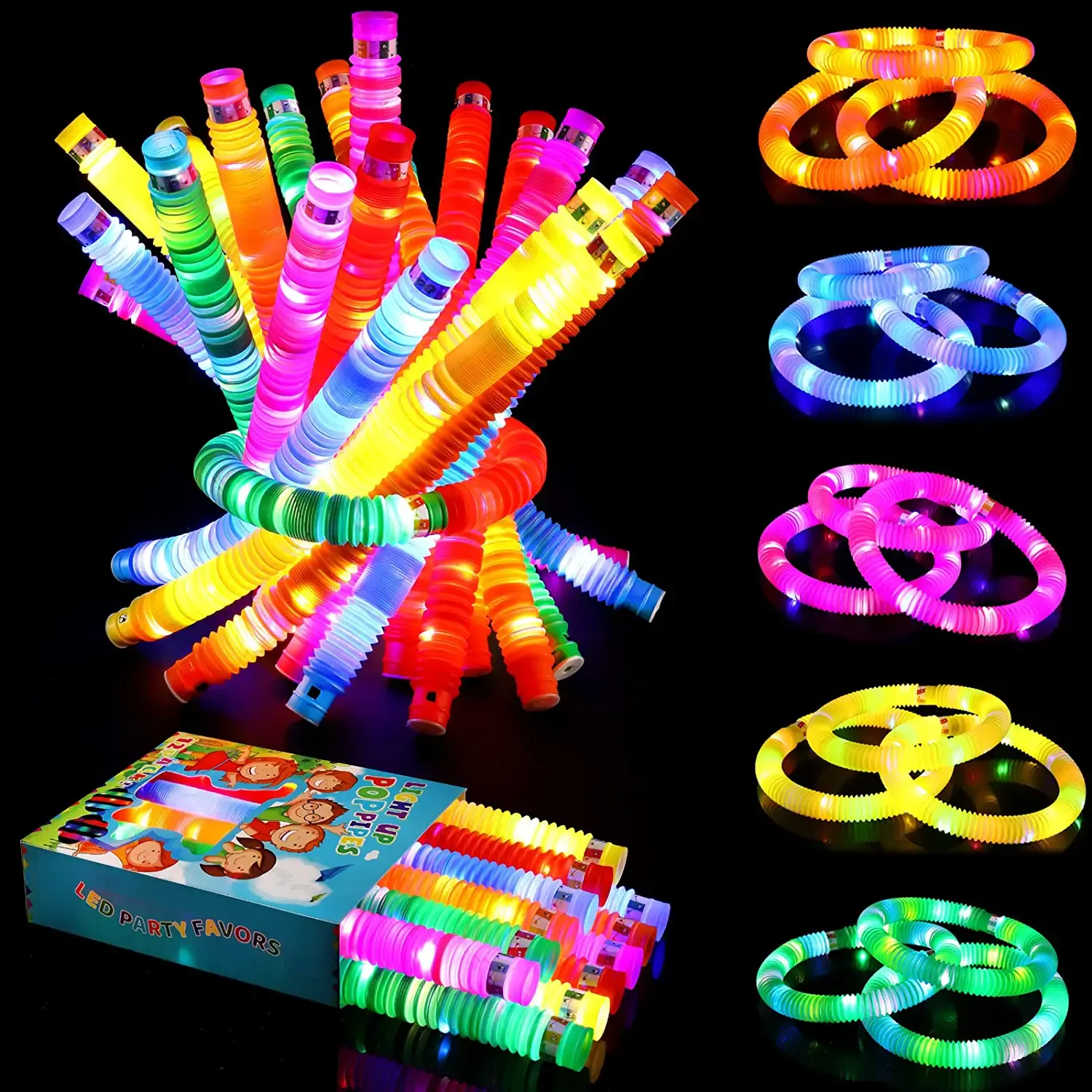 Wholesale Led Rainbow Colorful Light Up Pop Pipes Plastic Pop Tubes Fidget Toys Sensory Flashing Rainbow for Kids Party Favor