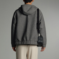 Jaket ritsleting wol berat pria grosir untuk musim gugur musim dingin kasar Twill dua kancing bertudung dengan mantel wol