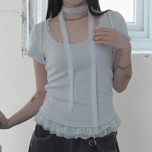 Camiseta de Manga Corta Estilo Coreano, con Encaje, Cuello Redondo, Ajustada, Ecológica, con Cintura Plizada, Versátil e Irregular - Product Image 2