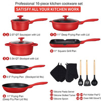 Ensemble de cuisine classique en granit rouge antiadhésif de 16 pièces, casseroles et poêles en aluminium moulé sous pression écologiques, couvercles en verre à induction