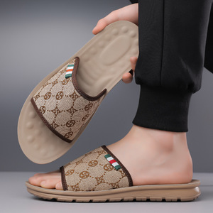 Men's Summer Casual <b>Slides</b> Lightweight Beach Sandals Korean Style Slip-On Shoes Gray Brown Youth Trendy Embossing Logo - Product Image 3