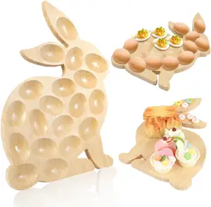 Rabbit Shaped 12 Compartment Wood Egg Holder Platter Carrier Deviled Egg Serving Plate Tray For Easter Sale