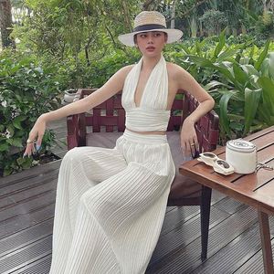 Dropshipping minimalista Plisse top a <span class=keywords><strong>vita</strong></span> alta <span class=keywords><strong>pantaloni</strong></span> da donna alla moda <span class=keywords><strong>pantaloni</strong></span> a pieghe bianchi set abbinati - Product Image 2