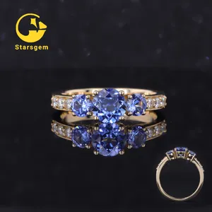 2024 ánh sáng màu xanh sapphire tròn hình dạng ba phòng thí nghiệm phát triển Sapphire 14 k Nhẫn đính hôn vàng cho tiệc cưới đề xuất.