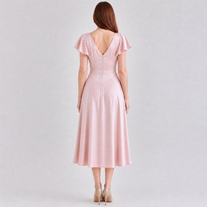 Robe midi en satin pour <span class=keywords><strong>femme</strong></span>, col en V profond, taille empire, style <span class=keywords><strong>chic</strong></span> pour soirée, aspect soie, fabrication sur mesure - Product Image 2