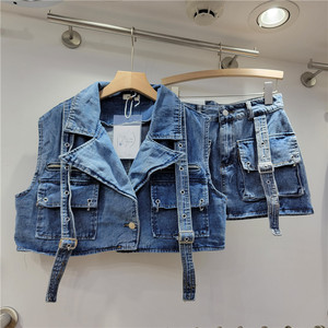 Mode rétro rose grandes poches Denim costume printemps été sans manches gilet court taille haute hanche enveloppé jupe femmes 2 pièces ensembles - Product Image 4
