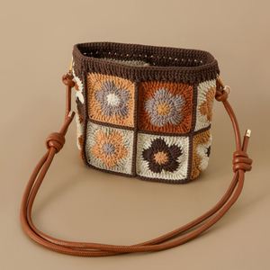 Floral Knit Color Hand-Knitted Women's Mini <b>Backpack</b> <b>Purse</b> Foldable Crossbody Handbag with Maillard Belt Gift - Product Image 2