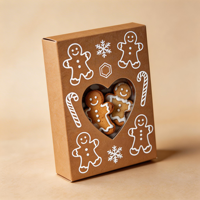 Boîte de biscuits en forme d'homme en pain d'épices de Noël |   Emballage de boulangerie en papier kraft avec fenêtre en forme de cœur |   Boîte cadeau personnalisable pour les fêtes