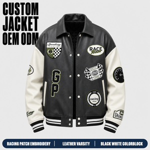 Veste vintage surdimensionnée à boutons, matelassée, à blocs de couleur noir et blanc, avec patch de course personnalisé brodé, pour homme, style streetwear rétro - Product Image 1