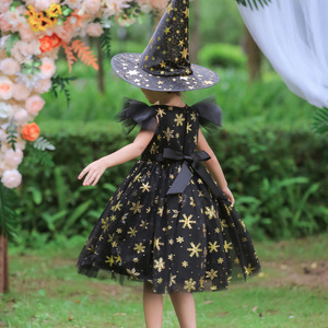 Disfraz de bruja para niños, vestido negro con estampado de copos de nieve dorados, vestido de fiesta de Halloween para niñas - Product Image 3