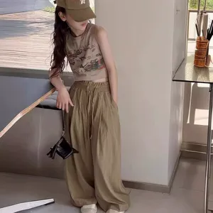 Nouvelle mode 2 pièces ensembles de vêtements pour adolescentes sans manches imprimé gilet chemise + solide pantalon ample tenues pour les filles - Product Image 1