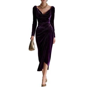 <span class=keywords><strong>Abito</strong></span> Lungo da Donna in Velluto Dorato, Stile Europeo <span class=keywords><strong>e</strong></span> Americano, Sexy, Nuovo, a Maniche Lunghe, Aderente, con Pieghe <span class=keywords><strong>e</strong></span> Spacco sui Fianchi - Product Image 5