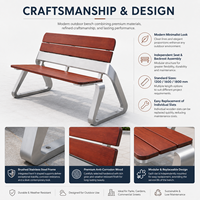 Banc de jardin en acier inoxydable avec cadre en V, dossier en bois massif, pour parc, patio, loisirs, espace public