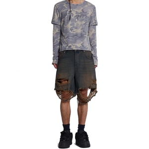 Shorts en jean bleu foncé vintage déchiré, en coton denim, coupe ample, très usé, avec ourlet brut pour homme - Product Image 3
