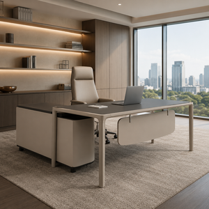 Bureau de direction moderne raffiné avec armoire latérale à cadre métallique fin, grande table de PDG pour espace de travail de directeur - Product Image 1