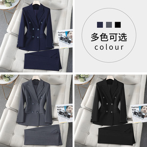 Women's Suit Set Double Breasted Jacket Pants Formal Office Wear Spring Autumn Anti-Wrinkle Worsted Full Sleeve Notched Collar - Product Image 4