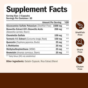 Glucosamine Chondroïtine MSM Soutien Articulaire Amélioration de la Densité Osseuse Complément Naturel Sans Produits Laitiers Adultes Femmes Hommes Sulfate 1500 mg - Product Image 3