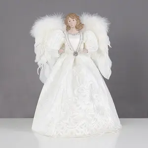16英寸刺绣蕾丝设计天使树礼帽，白色羽毛翅膀站立白色圣诞天使雕像装饰品