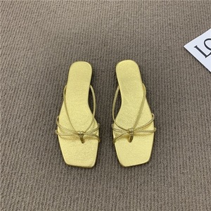 Stylish Gold Colored Genuine Leather Square Toe Chunky Heel Cross Strap <b>Slippers</b> - Product Image 4