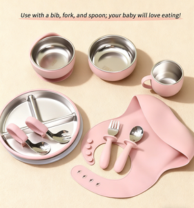 Conjunto de Alimentação para Bebês em Silicone e Aço Inoxidável, Livre de BPA, com Babador, Colher, Garfo, Tigela e Prato, Isolado com Parede Dupla - Product Image 2