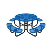 Table de pique-nique d'extérieur ronde en acier déployé avec banc ensemble de jardin table de salle à manger et chaise de patio commerciales en métal avec trou pour parasol