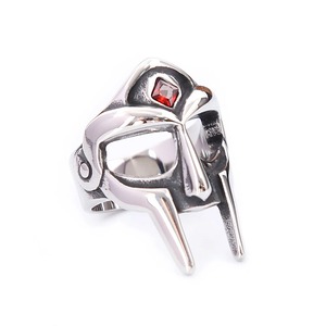 yunnique Punk Mask <b>Ring</b> Stainless Steel Men's Gothic Warrior Viking Style Red Stone Inlay JZ0072 - Product Image 5