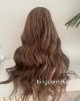 Cabello Virgen Remy Europeo de Alta Calidad Kingdom, Ondulado Natural Largo, Rubio Ceniza con Base Marrón, Encaje Frontal para Línea de Cabello Natural HD