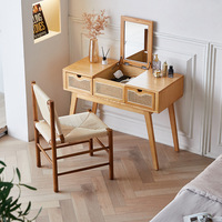 Coiffeuse en bois avec 2 tiroirs et meuble de rangement à bijoux, table de maquillage en rotin tressé pour chambre à coucher