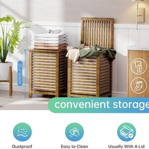 Bamboo Storage <b>Basket</b> Rectangle Flip Top Laundry Organizer For Bathroom And Laundry Room Clothing Storage - Product Image 3