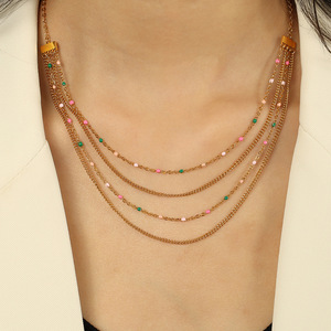 สร้อยคอแบบมีชั้นหลายชั้นประดับลูกปัดทอง สร้อยคอแฟชั่นอเนกประสงค์สำหรับผู้หญิง ทำจากไทเทเนียมสตีล ดีไซน์หรูหรา - Product Image 3