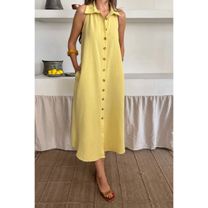 Robe en lin sans manches à col chemise, jaune, décontractée, longueur midi, taille S - Product Image 5