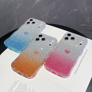 Coque de téléphone de luxe scintillante avec diamants pour iPhone 17 16 15 14 Pro Max Plus, motif cœur dégradé ondulé, transparente, souple en TPU - Product Image 1