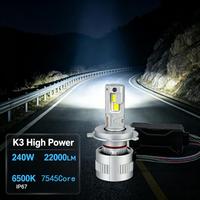 Phares LED de voiture SunRise K3 H1 12V 240W 22000LM 6500K IP67 étanches, tubes en cuivre, Canbus Plug&Play, compatibilité universelle