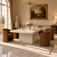 Table à manger rectangulaire en marbre avec ensemble de fauteuils de salle à manger en cuir à dossier en forme de tonneau pour les propriétaires de propriétés résidentielles haut de gamme