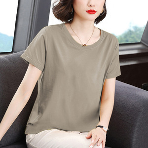 Women's Round Neck Short Sleeve T-Shirt <b>Khaki</b> Cotton Knitted Breathable Loose Fit Summer Casual <b>Top</b> - Product Image 1