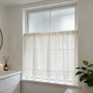 Tenda Corta Vintage <span class=keywords><strong>con</strong></span> Bordo <span class=keywords><strong>in</strong></span> Pizzo a Foglie, Traspirante <span class=keywords><strong>in</strong></span> Misto <span class=keywords><strong>Lino</strong></span>, per Cucina, Camera da Letto, Cottage, Arredamento Casa - Product Image 2