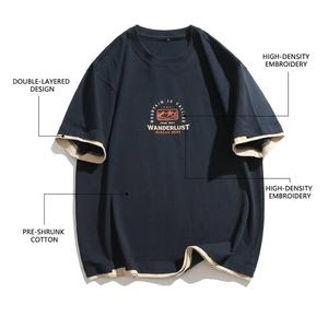 T-shirt à manches courtes pour hommes et femmes, style japonais rétro, imprimé lettres, col rond, color-block, tendance, marque Su - Product Image 1
