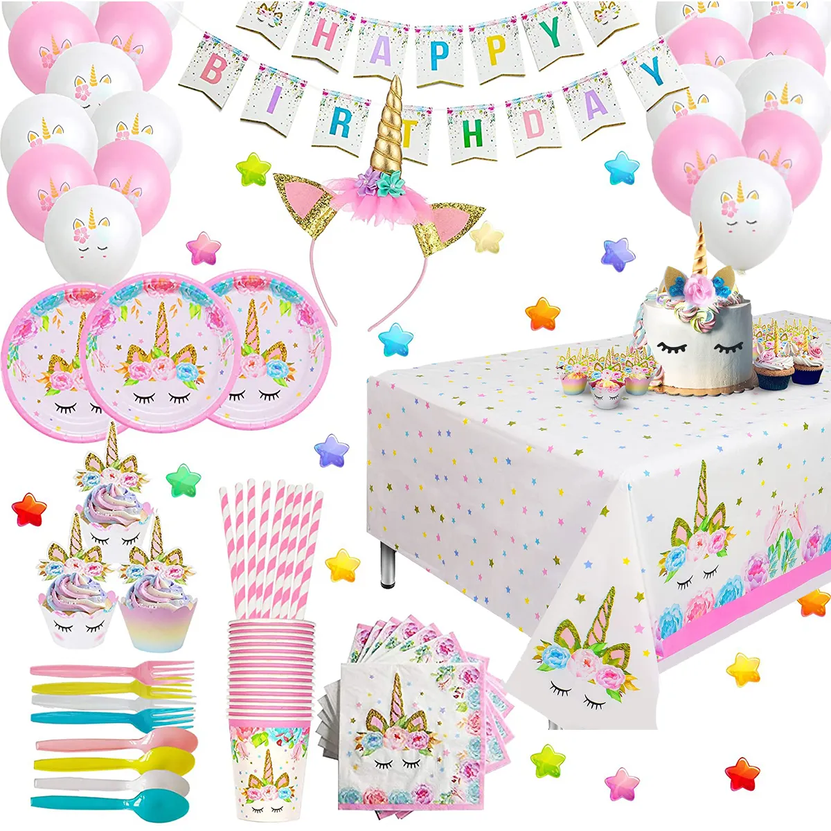 Nicro Unicorn Theme Party Decoration Banner Balloon Paper Girl Happy Birthday Plates Party Supplies Set