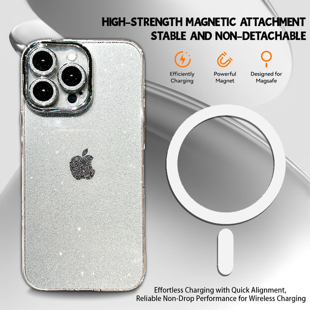 Transparent Ultra-glitter Magnetic Phone case with Electroplated Glitter Lensfilm protection UV Printed for 12/13/14/15/16/17Pro