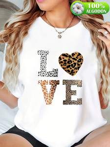 T-shirt da donna alla moda in puro cotone a maniche corte con stampa animalier, top casual per San Valentino - Product Image 3