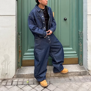 Ensemble en jean personnalisé avec logo OEM, style streetwear old school, veste en jean et jean baggy, 100% coton, denim vintage brut - Product Image 2
