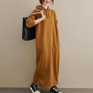 2024 nouveau Style décontracté <span class=keywords><strong>automne</strong></span> <span class=keywords><strong>hiver</strong></span> ample couleur unie Maxi coton surdimensionné noir à capuche à manches longues robes femmes avec poches - Product Image 2