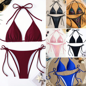 Maillot de bain bikini triangle de couleur unie avec encolure halter à nouer, ensemble 2 pièces pour femmes, pour la natation et les sports nautiques - Product Image 1