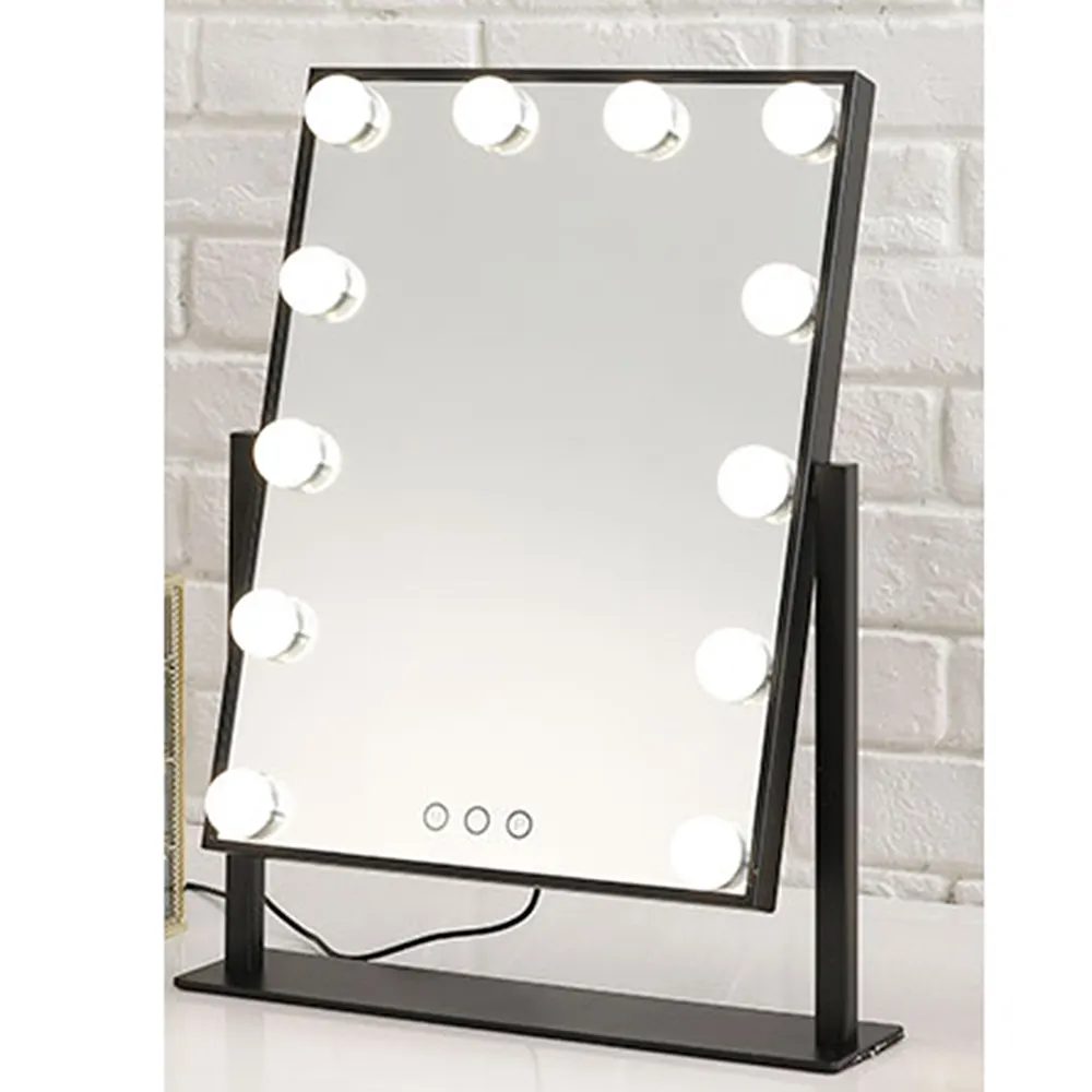 Modern Table Stand Black Hollywood Style Beauty Makeup 12 LED Bulbs Lighting Hairdressing Desktop Mirror