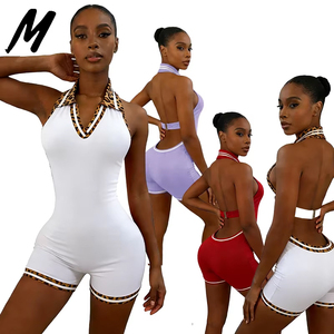 Body da <span class=keywords><strong>donna</strong></span> <span class=keywords><strong>sexy</strong></span> con logo personalizzato, scollatura sulla schiena, stampa leopardata rossa, modello halter, <span class=keywords><strong>tuta</strong></span> intera estiva aderente a pantaloncino - Product Image 1
