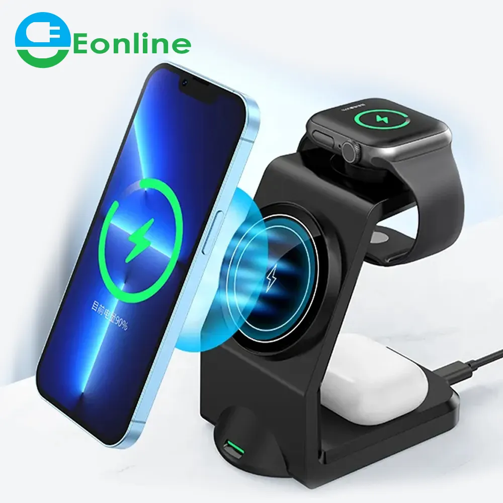 EONLINE 3D OEM 3 in 1 15W Magnetic Wireless Chargers Stand For Phone Watch Charger Dock Station for Airpods Pro Wireless Charge