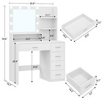 Miroir de maquillage moderne avec éclairage, 5 tiroirs de rangement, étagères, table en panneau de particules blanc, 3 modes de couleur, luminosité réglable