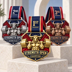เหรียญรางวัลกีฬาแข่งขัน Custom Bull Strength Sports แบบเคลือบอ่อน พร้อมเคลือบทอง เงิน และทองแดง และริบบิ้นรางวัลแบบกำหนดเองได้ - Product Image 1