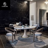 Ensemble de table à manger sur mesure pour villa et hôtel, design italien moderne, 8 places, base en cuir noir, plateau en marbre